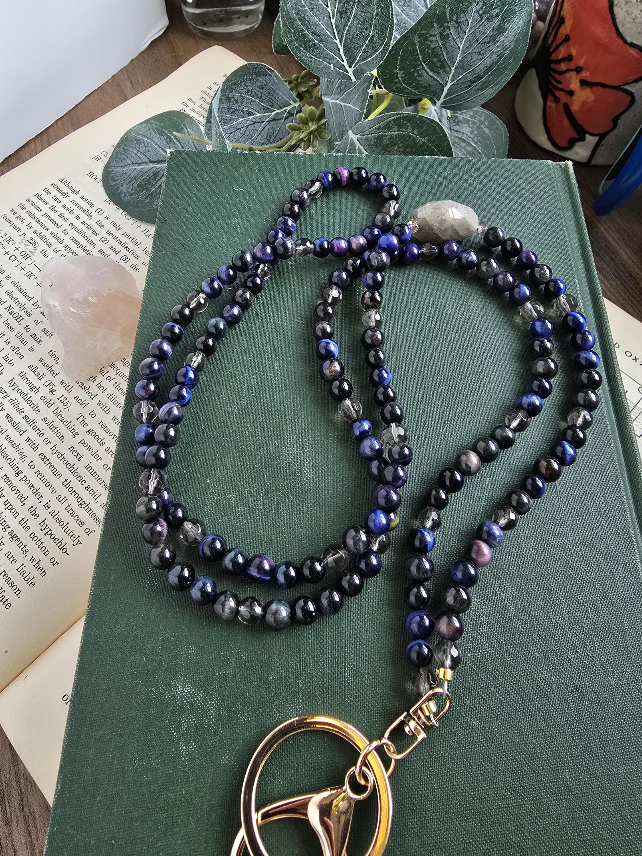 Magnetic Clasp Breakaway Lanyard | ID Card Holder | Black Beaded Lanyard | Teacher Lanyard | Natural Gemstone Lanyard