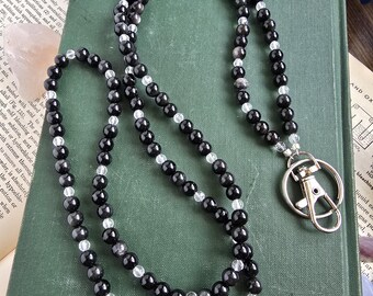 Black Beaded Lanyard | Magnetic Clasp Breakaway Lanyard | ID Card Holder | Teacher Lanyard | Natural Gemstone Lanyard | Badge Holder