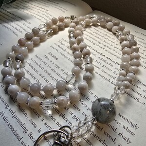 Neutral Beaded Lanyard | Aquamarine  & Agate Lanyard | ID Card Holder | Teacher Lanyard | Natural Gemstone Lanyard