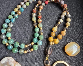 Natural Stone Teacher Lanyard | Ocean Jasper, India Agate & Smokey Quartz Earthy Toned | Gemstone Badge Holder