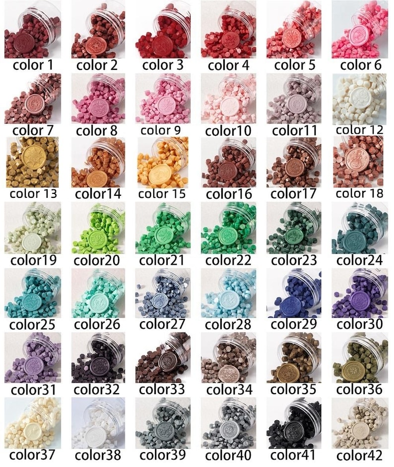 May include: Forty-two small jars of wax beads in various colours, including red, pink, green, blue, purple, brown, and white. Each jar has a small round wax seal on top.