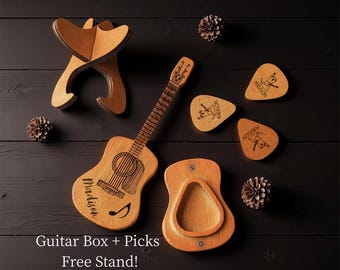 Custom Engraved Guitar Pick Holder + Personalized Picks, Father's Day Gift, Plectrum Box Guitar Player Gifts