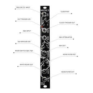 May include: A black Eurorack module labeled "NOISE2" with various knobs and switches. The module has a white noise output, a sample and hold output, a clock trigger output, and a noise filter output. The module also has a wild sync button, a mode switch, and a clock input.