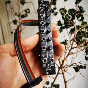 Könnte beinhalten: Schwarzes MIX6.2 Audio-Mixer-Modul mit sechs Eingangsreglern, zwei Peak-LEDs und drei Ausgangsbuchsen mit der Beschriftung OUT 123 und OUT 156. Das Modul trägt den Text WILD SYNC.