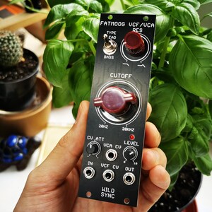Puede incluir: Un m&oacute;dulo electr&oacute;nico negro con perillas rojas y texto blanco, incluyendo "FATMOOG UCF/UCA RES" y "CUTOFF". El m&oacute;dulo tiene varias entradas y salidas, y el texto "WILD SYNC" est&aacute; en la parte inferior. El m&oacute;dulo se sostiene frente a follaje verde.