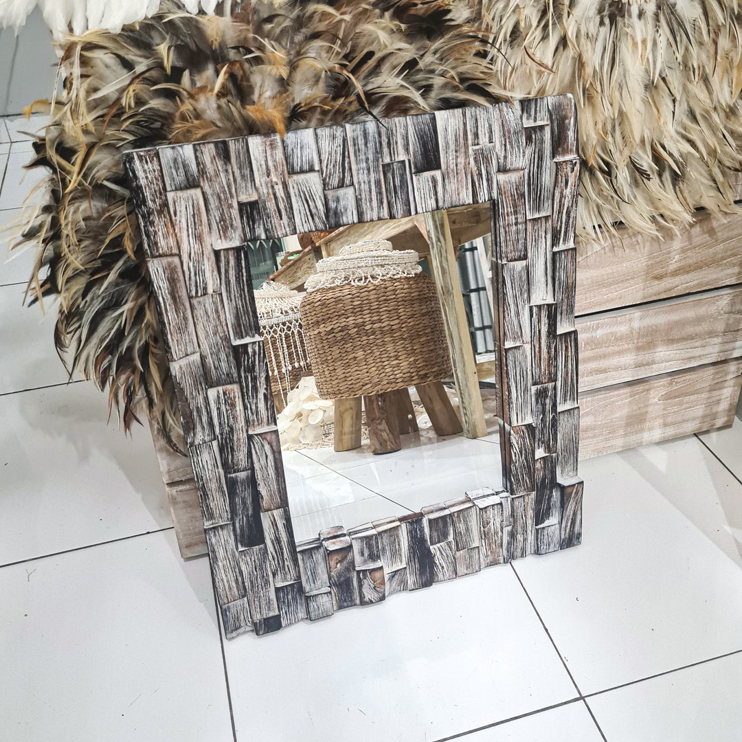 Wall Mirror Wood Dark Frame Wooden Mirror Wall Decor Wall Hanging Bathroom Mirror Boho Bohemian