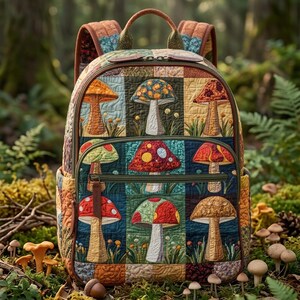 Vintage Mushroom Quilted Backpack, Cottagecore Aesthetic School Bag, Botanical Woodland Fungus Bookbag, Handmade Quilt Patchwork Rucksack.