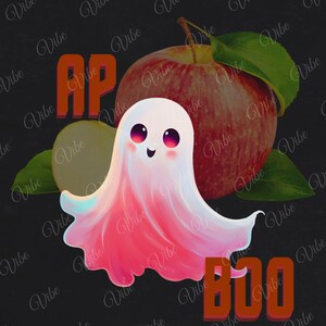 May include: A pink ghost with a friendly face and a red apple with green leaves. The text "AP" and "BOO" are in red.