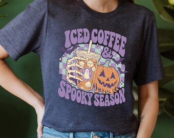 Iced Coffee & Spooky Season Shirt, Retro Checkered Halloween T-Shirt, Fall Shirt,Retro Checkered Halloween T-Shirt