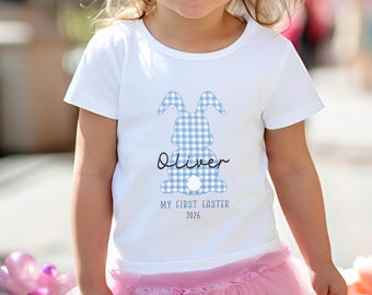 Pelele personalizado de conejito para la primera Pascua, conjunto de Pascua para bebé niño, body de conejito a cuadros azules, pelele infantil con nombre personalizado, ropa de Pascua para niños pequeños