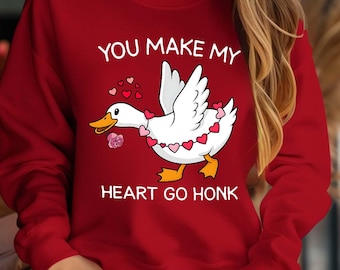 Funny Goose Shirt, Cute Goose Sweater, Valentine Goose Shirt, Pink Coquette Valentine Love Sweatshirt, You Make My Heart Go Honk Hoodie