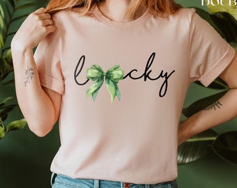 Lucky Bow Shirt, St Patrick’s Day Shirt Women, Cute Green Coquette Bow Tee, Trendy Lucky Graphic T-Shirt,St Patrick’s Day Lucky Tee
