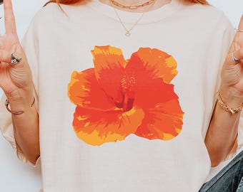 Orange Hibiscus Baby Tee, Tropical Flower Trendy T-Shirt, Comfort Colors Floral Aloha Hawaii Gift For Women, Preppy Summer Shirt for Teens