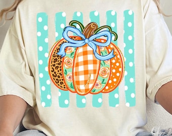 Striped Preppy Fall Pumpkin Faux Glitter Shirt,Fall Pumpkin Shirt, Preppy Pumpkin Shirt, Comfort Colors® Fall Shirt,Floral Pumpkin Bow Shirt