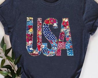 Cute Floral USA Shirt, Patriotic Shirts, Independence T-Shirt, 4Th July For Women Tee, 4Th Of July Flag,USA Shirt,Floral American Flag,Gift
