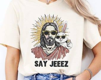 Camiseta divertida de Jesús y el Conejo de Pascua con selfie, camiseta cristiana de Pascua con la frase "Di Jeeez", camiseta religiosa humorística, camiseta con meme religioso de Pascua para adultos.