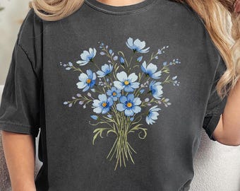 Camisa con ramo de flores azul Comfort Colors®, camiseta con estampado floral retro, para amantes de las flores, para amantes de las plantas, regalo para amantes de la naturaleza