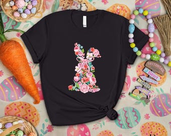 Camiseta con orejas de conejo y lazo, regalo de Pascua, camiseta de Pascua con pinceladas, camiseta de Pascua con conejito rosa, camiseta con lazo de conejo, regalo de Pascua para profesor.