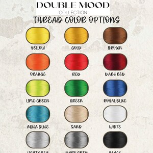 May include: A color chart from the Double Mood Collection, featuring thread color options. The chart displays various thread colors, including yellow, gold, brown, orange, red, dark red, lime green, green, royal blue, aqua blue, sand, white, light grey, dark grey, and black.