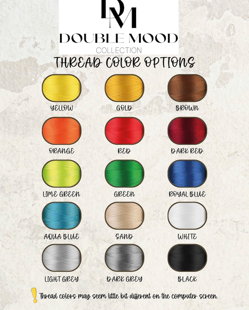 May include: A color chart from the Double Mood Collection, featuring thread color options. The chart displays various thread colors, including yellow, gold, brown, orange, red, dark red, lime green, green, royal blue, aqua blue, sand, white, light grey, dark grey, and black.