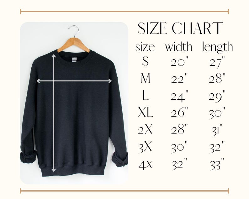 May include: A black sweatshirt hanging on a wooden hanger, with a size chart to the right. The size chart lists sizes S to 4X, with corresponding width and length measurements in inches. The sweatshirt is plain and has long sleeves.