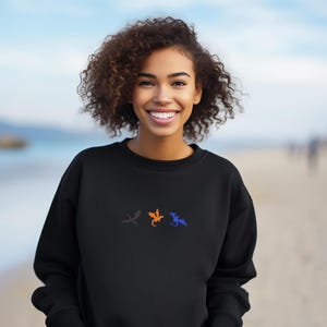 May include: Black sweatshirt featuring three embroidered dragons in gray, orange, and blue. The dragons are arranged horizontally across the chest. The sweatshirt is a solid black color.