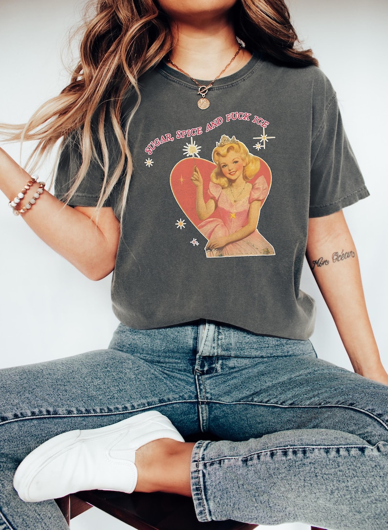 May include: Dark gray t-shirt with the text "SUGAR, SPICE AND FUCK ICE" above a vintage-style illustration of a woman in a pink dress and crown inside a heart. The shirt is paired with blue jeans and white sneakers.