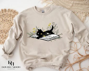 Sudadera con diseño de gato y libro, sudadera con diseño floral de libros, camiseta para amantes de los libros, regalo de Navidad para amantes de los gatos, sudadera para mamás de gatos, regalo de bibliotecaria para mujeres