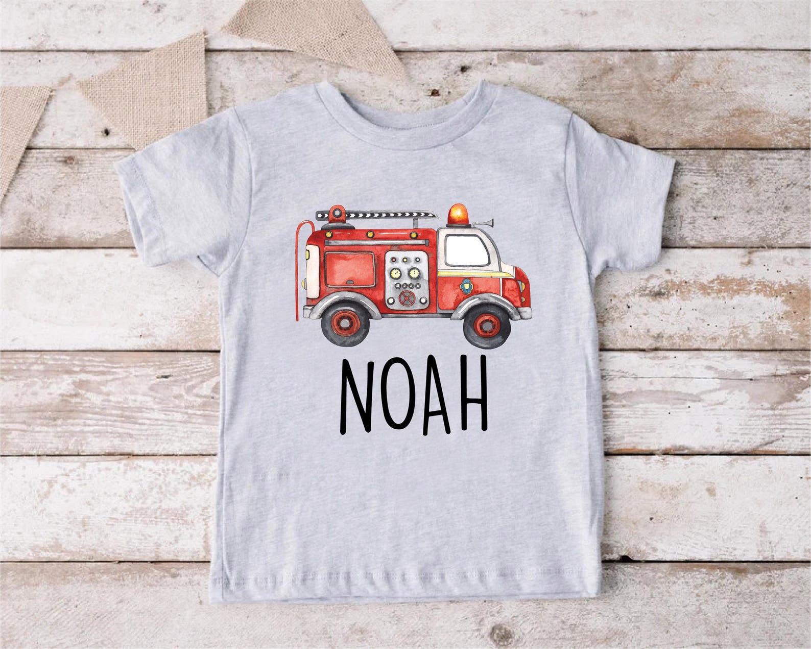 Campana Boys Yuki Short Sleeve Cotton Shirt - Fire Truck Print - Sky Blue