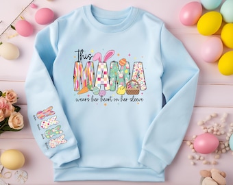 Sudadera "Llevo el corazón en la manga", sudadera con capucha personalizada "Esta mamá lleva el corazón en la manga", camiseta de mamá de Pascua, suéter de Pascua, mini mamá