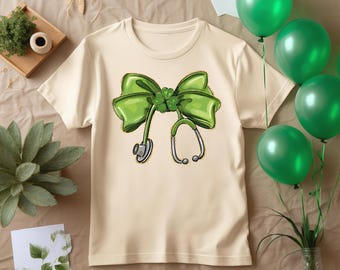 St Patricks Day Nurse Shirt, Irish Nurse Gift Shirt, Nurse Coquette Bow Tee, Green Day Nurse Tee,Ribbon Stethoscope Shirt,Saint Patricks Tee