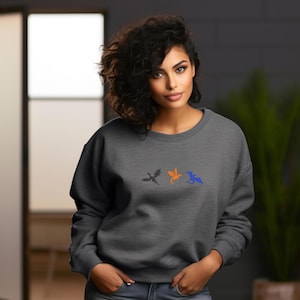 May include: Dark gray sweatshirt featuring three embroidered dragons in black, orange, and blue. The dragons are arranged horizontally across the chest. The sweatshirt has a crew neck and long sleeves.