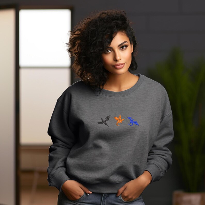 May include: Dark gray sweatshirt featuring three embroidered dragons in black, orange, and blue. The dragons are arranged horizontally across the chest. The sweatshirt has a crew neck and long sleeves.