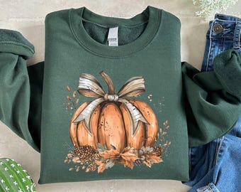 Retro Fall Pumpkin Bow Sweatshirt, Fall Coquette Bow Tshirt, Fall Gift for Women, Halloween Coquette Bow Sweatshirt, Autumn Pumpkin Sweater