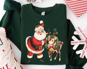 Vintage Santa Reindeer Sweatshirt, Womens Christmas Crewneck, Retro Christmas Gifts, 1950's Christmas Sweater, Christmas Party Sweatshirt