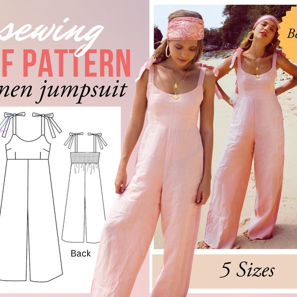 Womens Simple Linen Jumpsuit PDF Sewing Pattern- Downloadable| Digital | Size Xs -Xl | Plain DIY jumpsuit Sewing pattern | Sleeveless