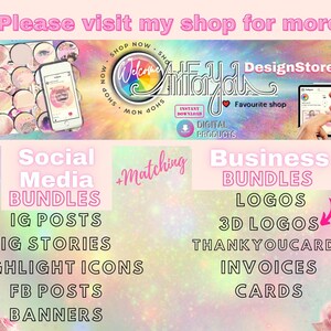 Puede incluir: Un banner rosa y morado con el texto "Please visit my shop for more" y "DesignStore" con un coraz&oacute;n arco&iacute;ris. El banner tambi&eacute;n incluye el texto "Social Media Bundles" y "Business Bundles" con una lista de los art&iacute;culos incluidos en cada paquete.