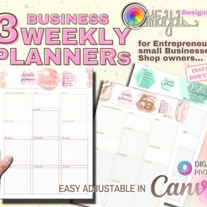 Puede incluir: Tres plantillas de planificador semanal rosa y blanco con un dise&ntilde;o de m&aacute;rmol y flores. Las plantillas est&aacute;n dise&ntilde;adas para emprendedores, peque&ntilde;as empresas y due&ntilde;os de tiendas. El texto "EASY ADJUSTABLE IN Canva" est&aacute; en la parte inferior de la imagen.