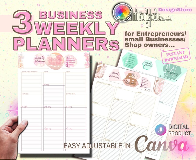 Puede incluir: Tres plantillas de planificador semanal rosa y blanco con un dise&ntilde;o de m&aacute;rmol y flores. Las plantillas est&aacute;n dise&ntilde;adas para emprendedores, peque&ntilde;as empresas y due&ntilde;os de tiendas. El texto "EASY ADJUSTABLE IN Canva" est&aacute; en la parte inferior de la imagen.