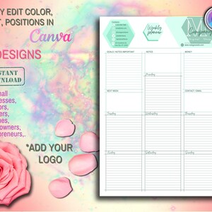 Puede incluir: Una plantilla de planificador semanal con un esquema de color verde y blanco. La plantilla incluye secciones para objetivos, notas, dinero, informaci&oacute;n de contacto y un horario diario de lunes a domingo. La plantilla es personalizable y se puede editar en Canva.