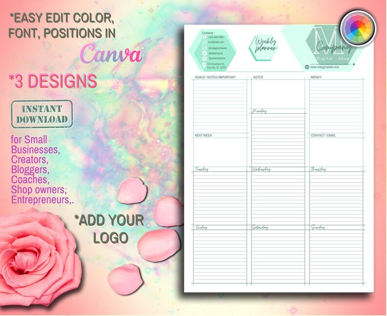 Puede incluir: Una plantilla de planificador semanal con un esquema de color verde y blanco. La plantilla incluye secciones para objetivos, notas, dinero, informaci&oacute;n de contacto y un horario diario de lunes a domingo. La plantilla es personalizable y se puede editar en Canva.