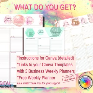 Puede incluir: Descarga digital de tres plantillas de planificador semanal para negocios y un planificador semanal gratuito. La imagen muestra un planificador rosa, verde y marr&oacute;n con el texto "Weekly Planner" en cada uno. El texto "Instructions for Canva (detailed)" tambi&eacute;n es visible.