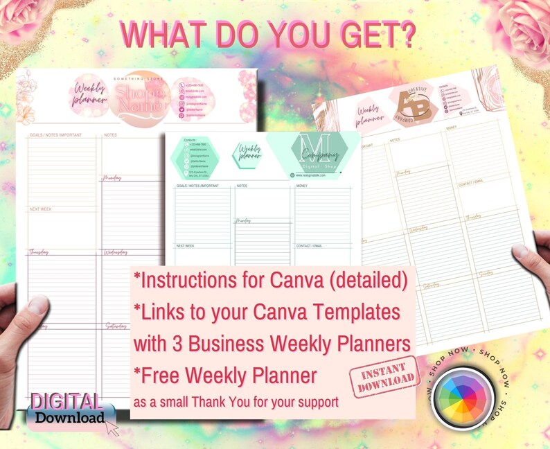 Puede incluir: Descarga digital de tres plantillas de planificador semanal para negocios y un planificador semanal gratuito. La imagen muestra un planificador rosa, verde y marr&oacute;n con el texto "Weekly Planner" en cada uno. El texto "Instructions for Canva (detailed)" tambi&eacute;n es visible.