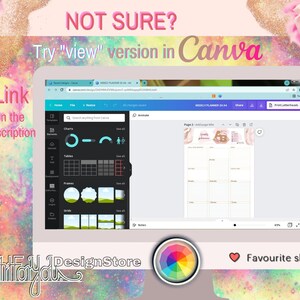 Puede incluir: Una captura de pantalla de una plantilla de dise&ntilde;o de Canva para un planificador semanal. La plantilla es rosa y dorada con un fondo de m&aacute;rmol. El texto "Planificador Semanal" est&aacute; en la parte superior de la p&aacute;gina. El texto "&iquest;No est&aacute;s seguro? Prueba la versi&oacute;n "ver" en Canva" se muestra en un fondo rosa y azul.