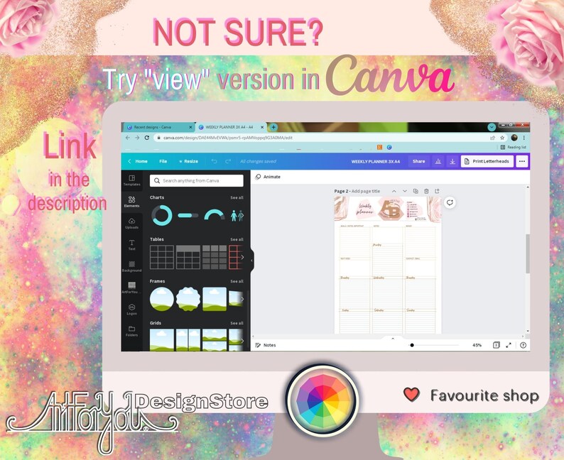 Puede incluir: Una captura de pantalla de una plantilla de dise&ntilde;o de Canva para un planificador semanal. La plantilla es rosa y dorada con un fondo de m&aacute;rmol. El texto "Planificador Semanal" est&aacute; en la parte superior de la p&aacute;gina. El texto "&iquest;No est&aacute;s seguro? Prueba la versi&oacute;n "ver" en Canva" se muestra en un fondo rosa y azul.