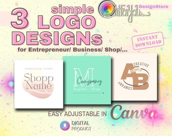 3 diseños de logotipos simples para empresas, fáciles de editar en Canva, listos para usar para bloggers, emprendedores, propietarios de tiendas de pequeñas empresas, coaches de influencers de belleza