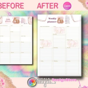 Puede incluir: Una imagen de antes y despu&eacute;s que muestra una plantilla de planificador semanal. La imagen de antes muestra un planificador en blanco con un fondo de m&aacute;rmol y el texto "Weekly Planner". La imagen de despu&eacute;s muestra el mismo planificador con un dise&ntilde;o de m&aacute;rmol rosa y dorado y el texto "Weekly Planner" en la parte superior.