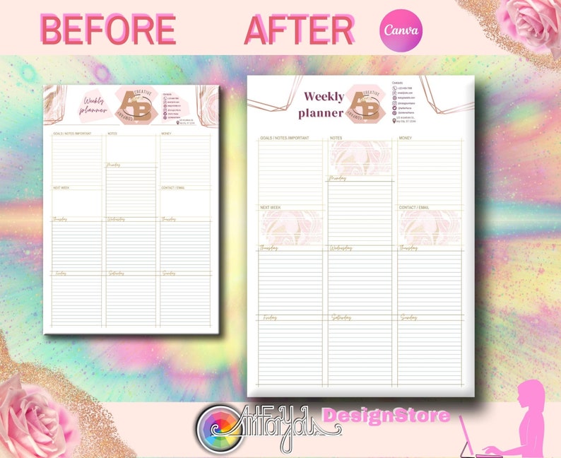 Puede incluir: Una imagen de antes y despu&eacute;s que muestra una plantilla de planificador semanal. La imagen de antes muestra un planificador en blanco con un fondo de m&aacute;rmol y el texto "Weekly Planner". La imagen de despu&eacute;s muestra el mismo planificador con un dise&ntilde;o de m&aacute;rmol rosa y dorado y el texto "Weekly Planner" en la parte superior.