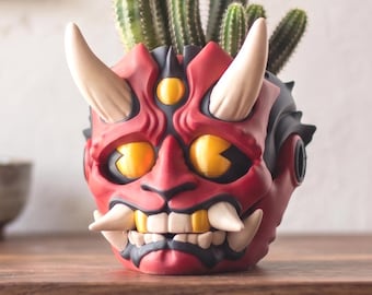 Oni Mask Succulent Planter | Japanese Demon Plant Pot | 3D Printed Samurai Decor | Hannya Cactus Pot | Edgy Desk Accessory