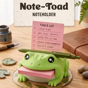 May include: A light green frog-shaped note holder with a wide mouth holding a pink sticky note. A pink list titled TOAD-O LIST is inserted into the top, and a green pen rests across the frog's head. The text Note-Toad NOTEHOLDER is visible.